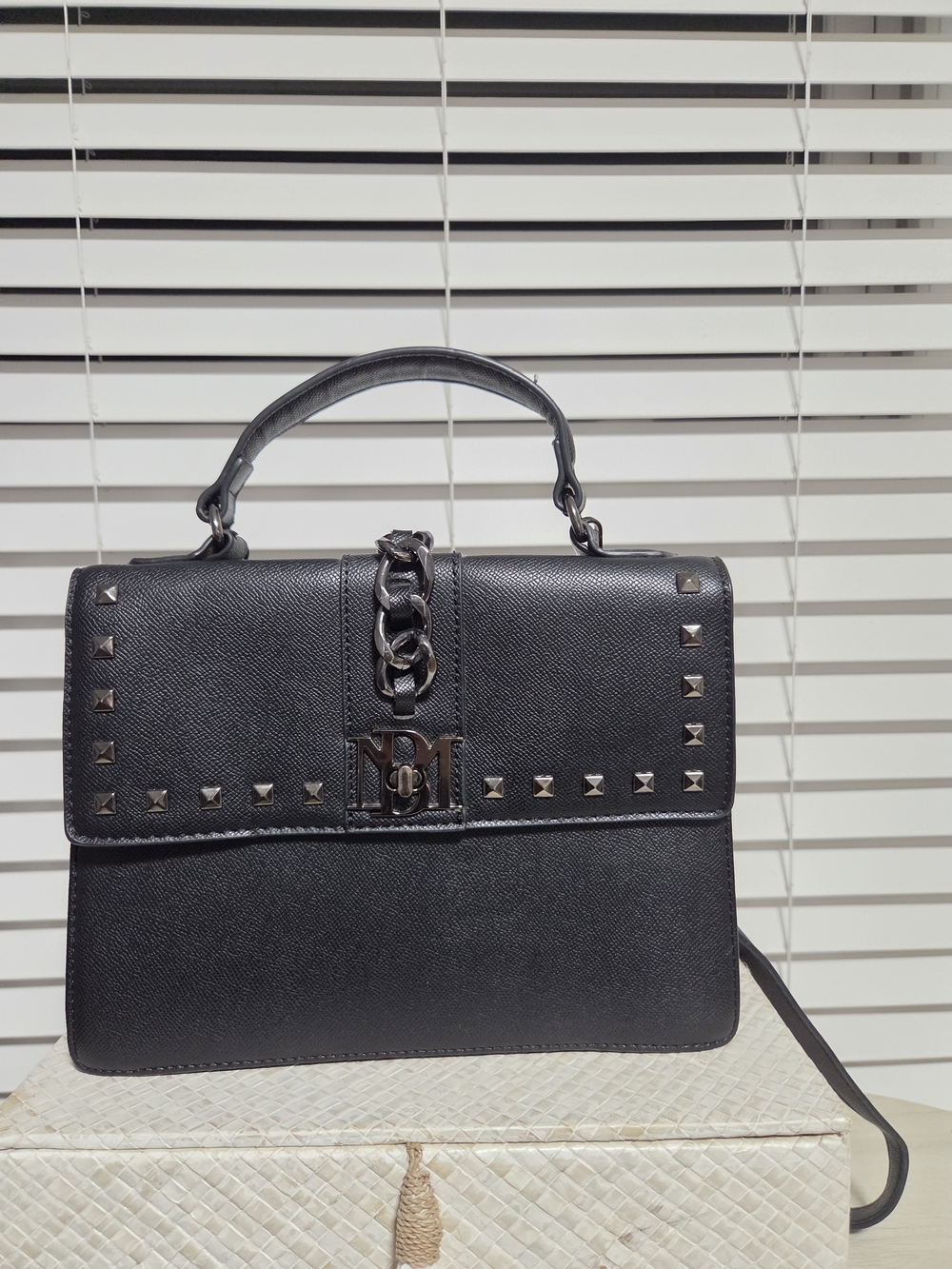 Black Studded Top-Handle Satchel - Designer Style